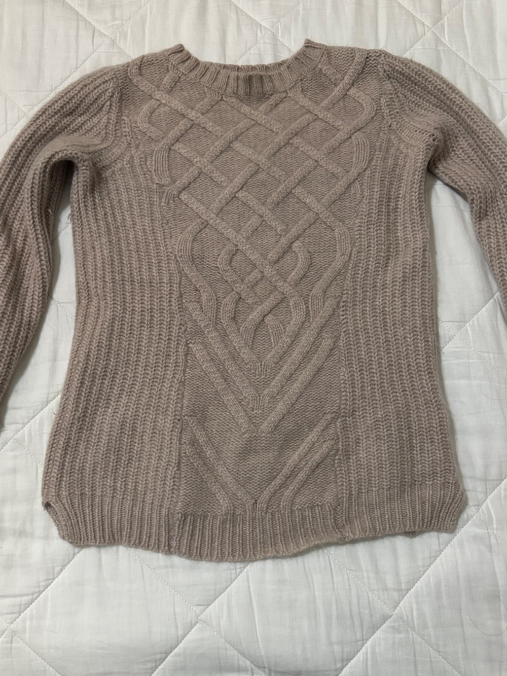 Tahari Taupe Cable-Front Crewneck Sweater 100% 2 ply cashmere small/XS